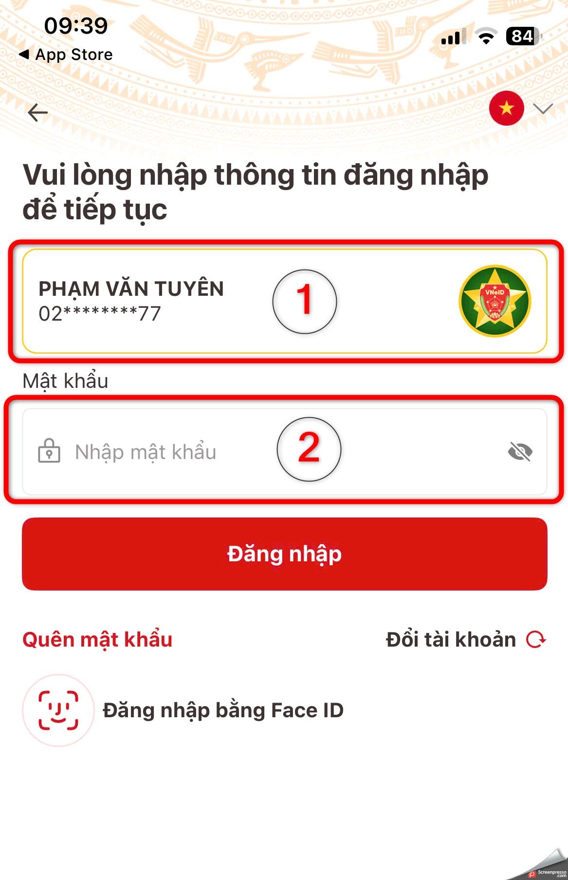 Nhập số định danh - bước 2